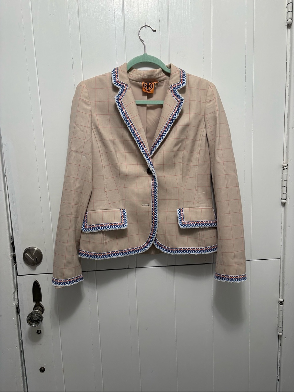 Tory Burch Beige Windowpane Trimmed Blazer Jacket